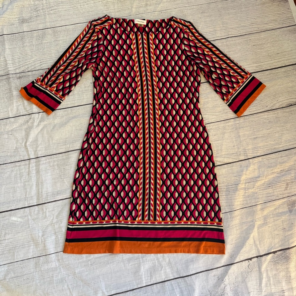 Calvin Klein size 10 pink orange geometric print 3/4 sleeve knee length dress